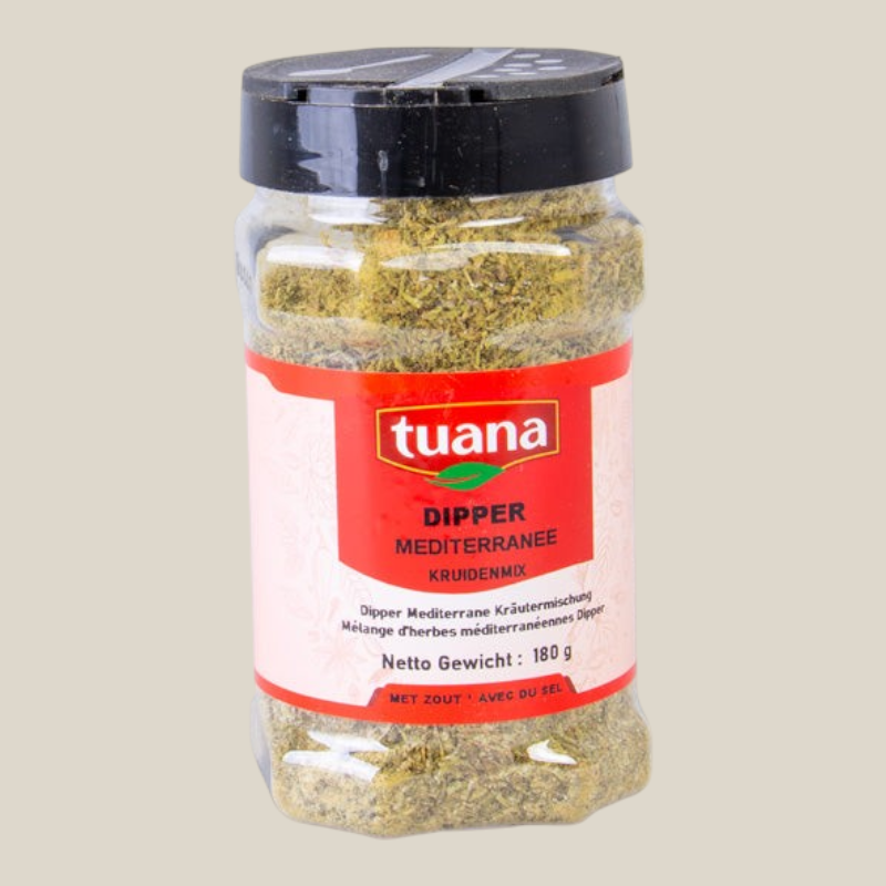 TuanaShop BV Dipper Mediterranee kruidenmix in een doorzichtige pot met zwarte dop voor olijfolie dips.