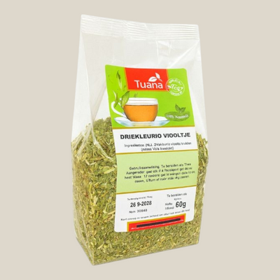 TuanaShop BV Driekleurig viooltje kruidenthee in een transparante verpakking met 80 gram gedroogde losse kruiden.