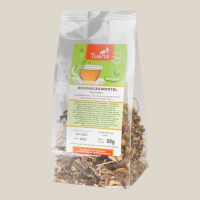 TuanaShop BV gedroogde echinaceawortel in een transparante verpakking van 50 gram voor kruidenthee