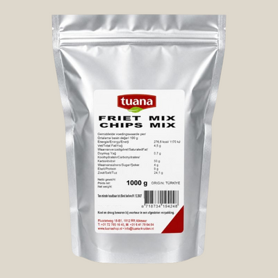 TuanaShop BV Friet Kruidenmix Speciaal in een zilverkleurige stazak van 1000 gram voor aardappelgerechten en snacks.