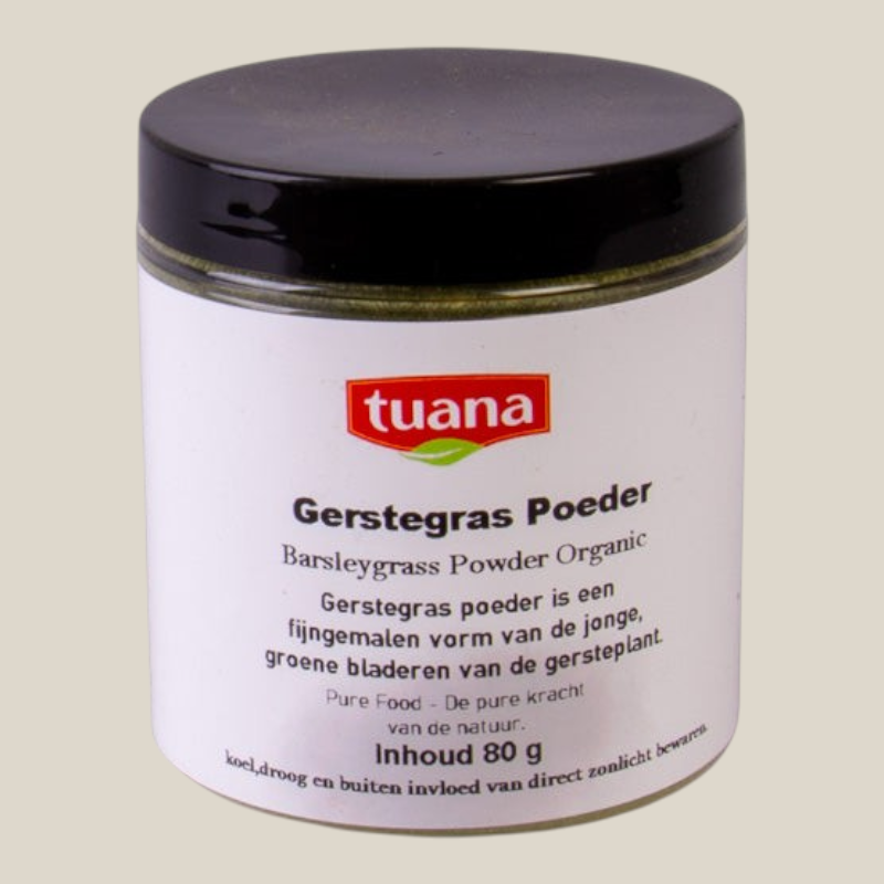 TuanaShop BV Gerstegras Poeder in een pot van 80g, een fijn groen supplement voor smoothies en gezonde dranken.