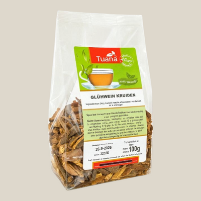 TuanaShop BV Glühwein kruidenmix in een transparante verpakking met kaneel, sinaasappel en kruidnagel.