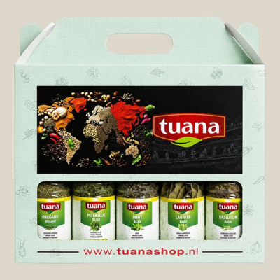 TuanaShop BV groen kruidenpakket met diverse gedroogde kruiden in glazen potten in een decoratieve geschenkdoos