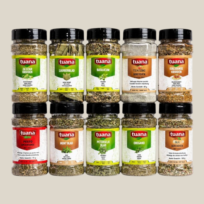 TuanaShop BV kruidenpakket met tien verschillende potjes gedroogde groene kruiden en specerijen voor in de keuken