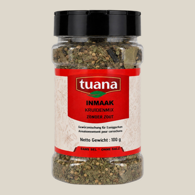 TuanaShop BV inmaak kruidenmix in een doorzichtige pot met zwarte dop voor het inmaken van groenten en fruit.