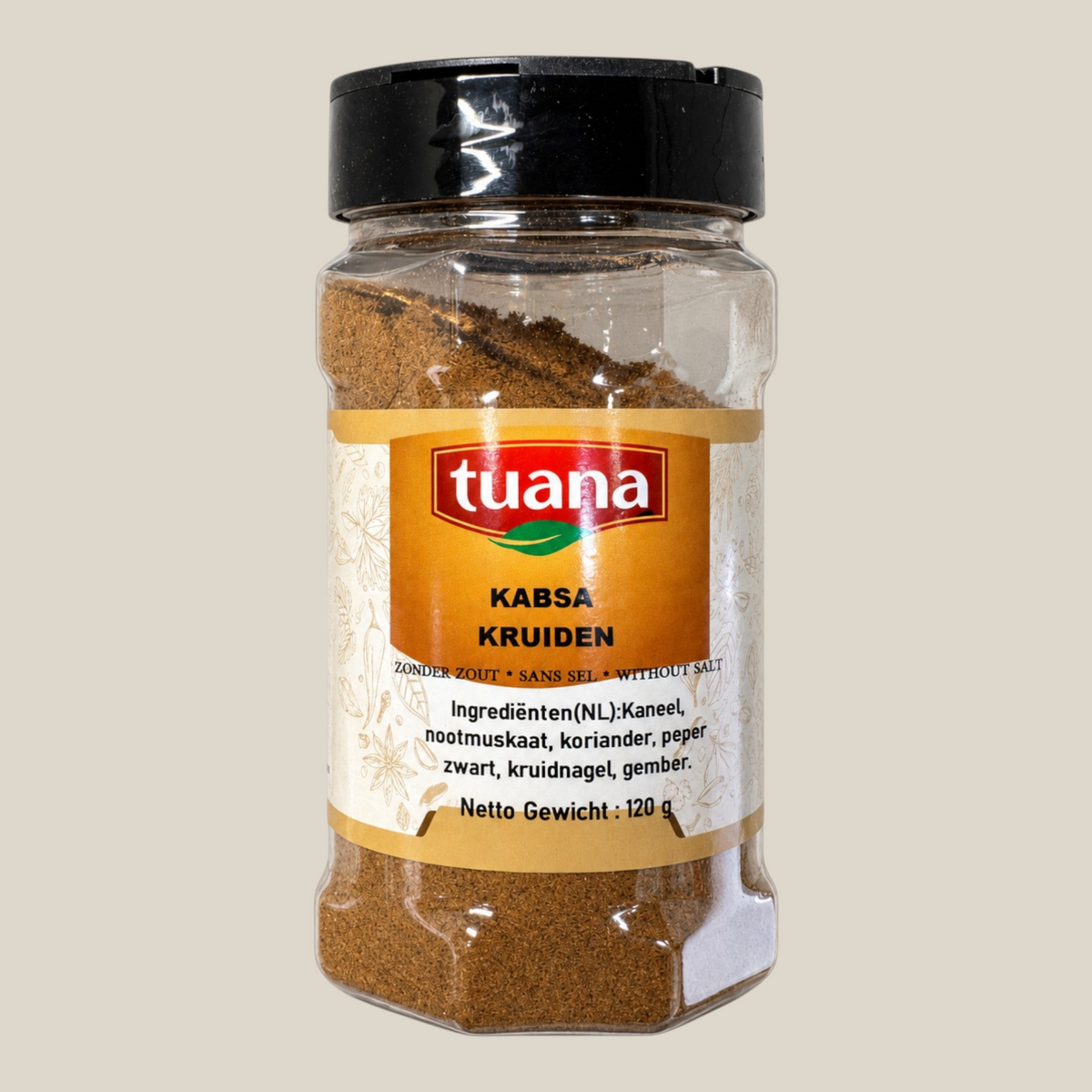 TuanaShop BV Kabsa kruidenmix in een doorzichtige kruidenpot met zwarte dop voor Arabische rijstgerechten