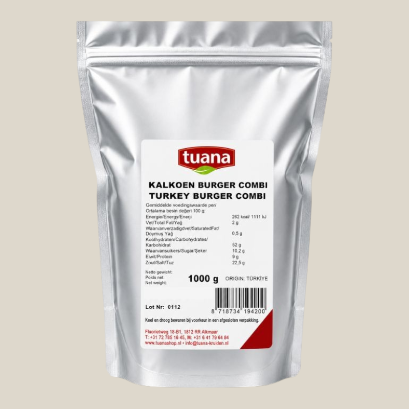TuanaShop BV Kalkoen Burger Combi kruidenmix in een zilverkleurige stazak van 1000 gram voor ambachtelijke burgers.