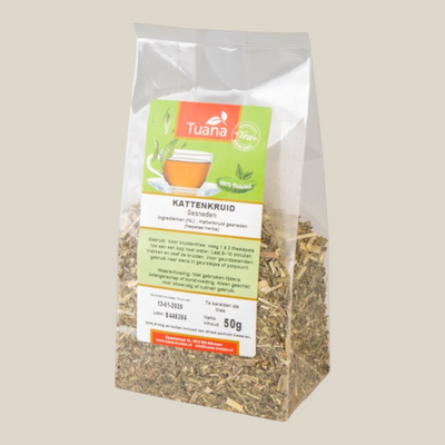 TuanaShop BV gedroogd kattenkruid in een transparante verpakking van 50 gram voor thee of potpourri