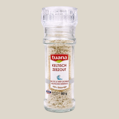 TuanaShop BV Keltisch zeezout in een glazen molen van 80 gram met natuurlijk grijs zeezout uit Guérande.
