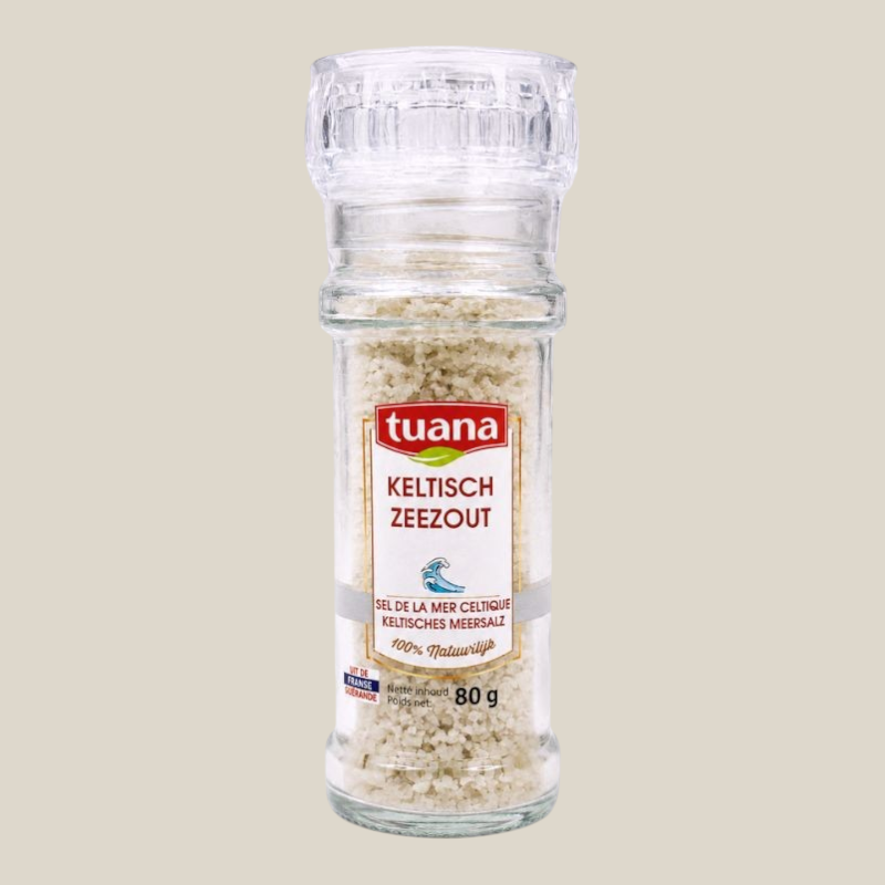 TuanaShop BV Keltisch zeezout in een glazen molen van 80 gram met natuurlijk grijs zeezout uit Guérande.