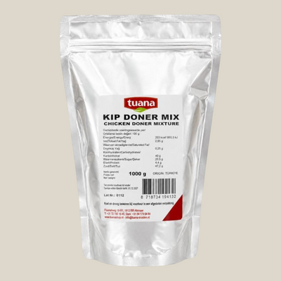 TuanaShop BV Kip Doner Mix kruiden in een zilverkleurige stazak van 1000 gram voor authentieke kipgerechten.