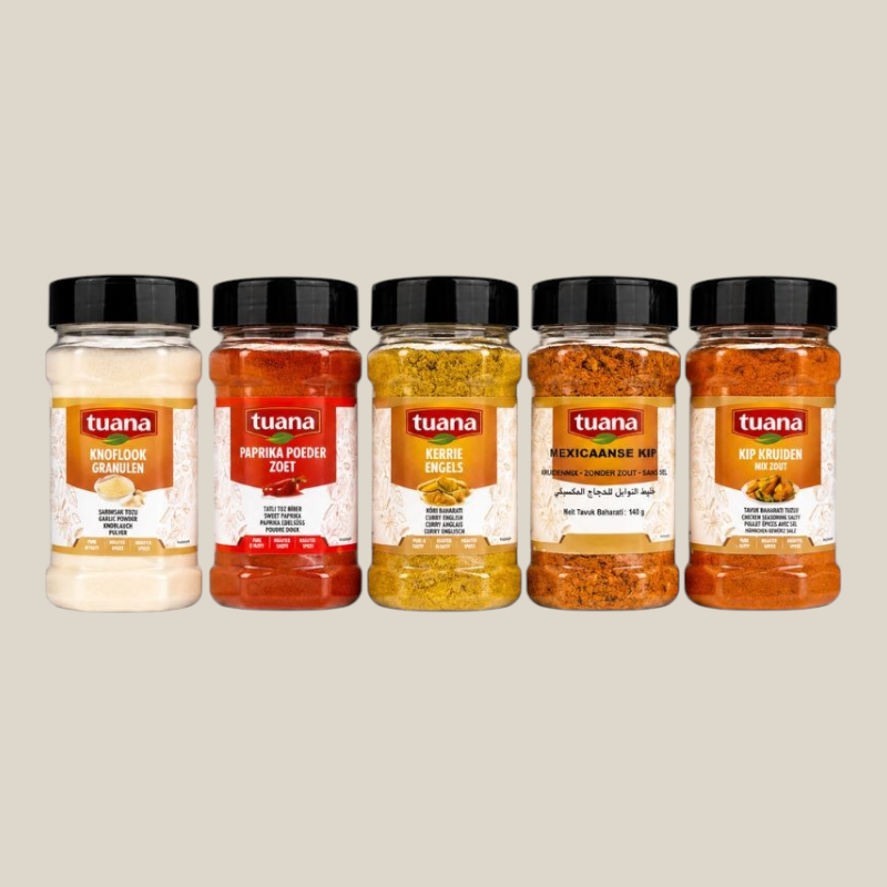 TuanaShop BV luxe kruidenpakket met 5 potten voor kip, inclusief knoflook, paprikapoeder, kerrie en Mexicaanse mix.