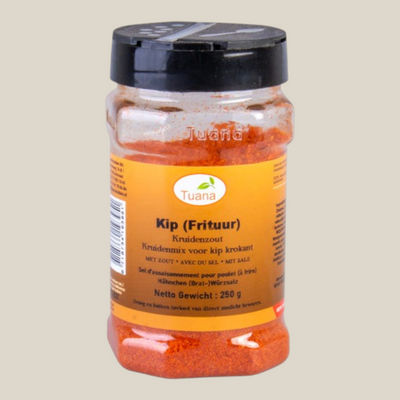 TuanaShop BV Kip Frituur kruidenmix in een handige strooibus van 250g voor perfect krokante gefrituurde kip.