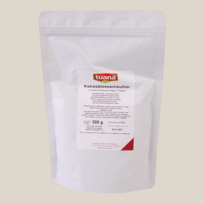 TuanaShop BV biologische kokosbloesemsuiker in een hersluitbare witte stazak van 300 gram