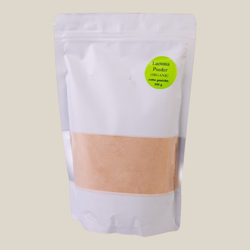 TuanaShop BV biologisch lucuma poeder in een witte stazak van 500 gram met een groen etiket.