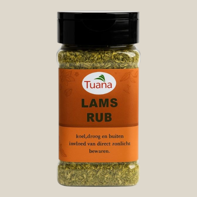 TuanaShop BV Lams Rub kruidenmix in een transparante strooibus van 170 gram voor lamsvlees gerechten.
