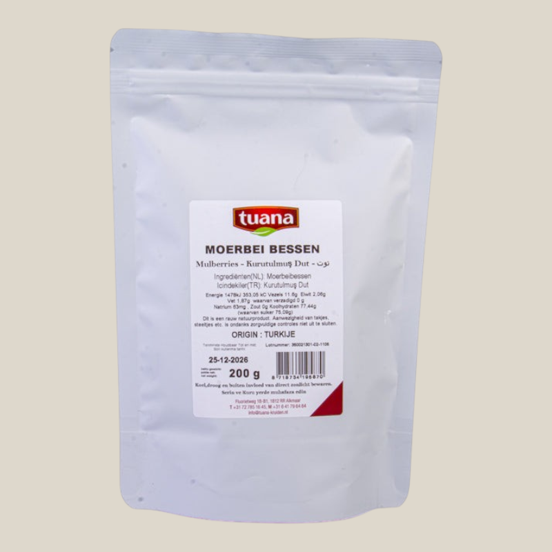 TuanaShop BV verpakking met witte gedroogde moerbeibessen van 200 gram