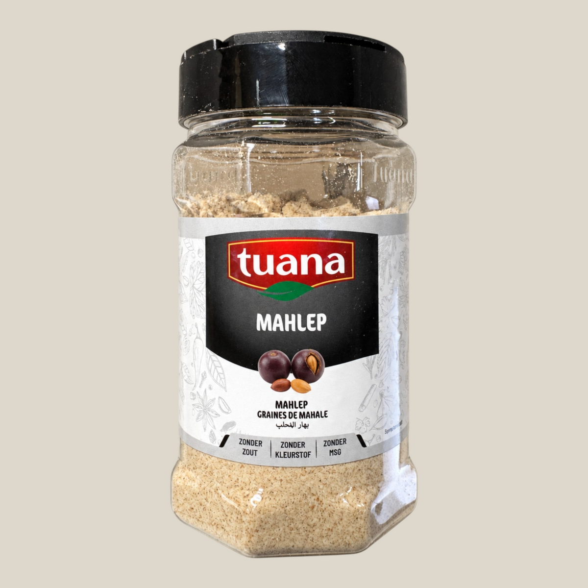 TuanaShop BV Mahlep kruiden in een doorzichtige plastic pot met zwarte dop, ideaal voor brood en gebak.