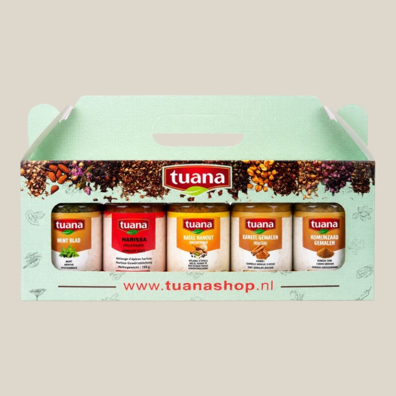 TuanaShop BV Marokkaanse kruiden cadeauset met 5 potjes specerijen zoals Ras el Hanout, Harissa en kaneel in verpakking