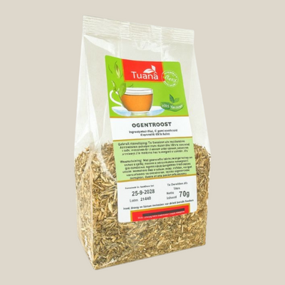 TuanaShop BV Ogentroost gesneden kruiden in een transparante verpakking van 70 gram voor natuurlijke oogverzorging.