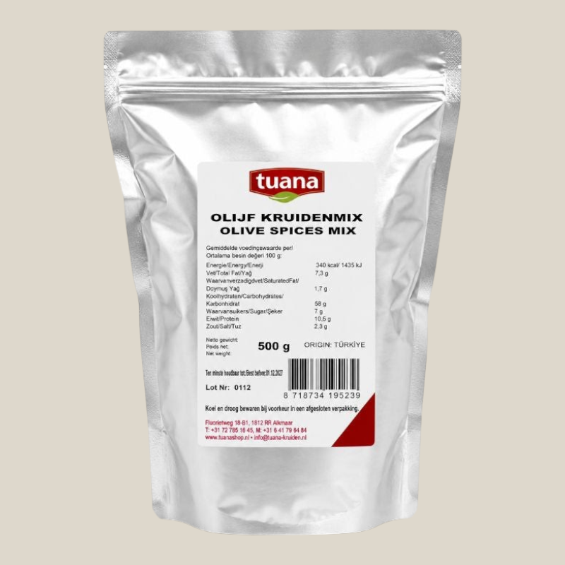 TuanaShop BV Olijven Kruidenmix in een zilverkleurige stazak van 500 gram met mediterrane kruiden voor tapas.