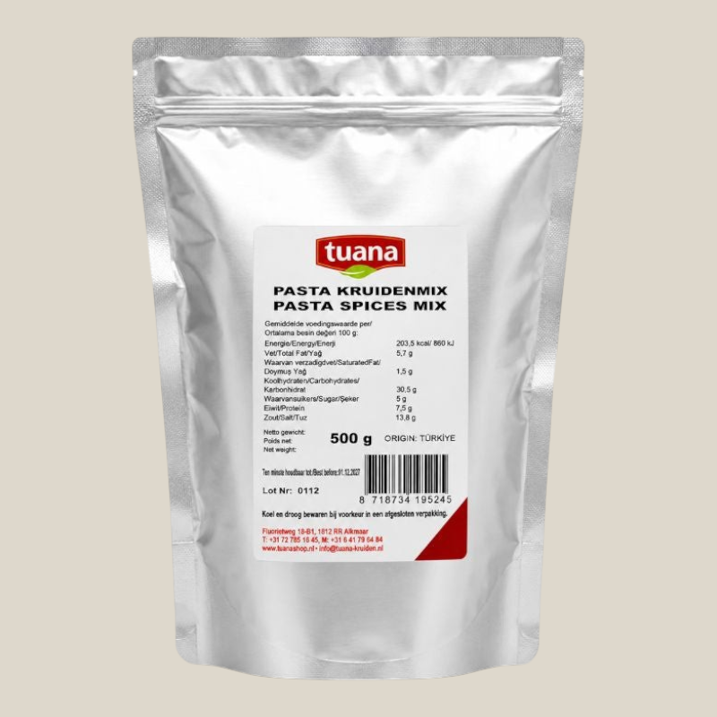 TuanaShop BV Pasta Kruidenmix in een zilverkleurige stazak van 500 gram met Italiaanse kruiden en specerijen