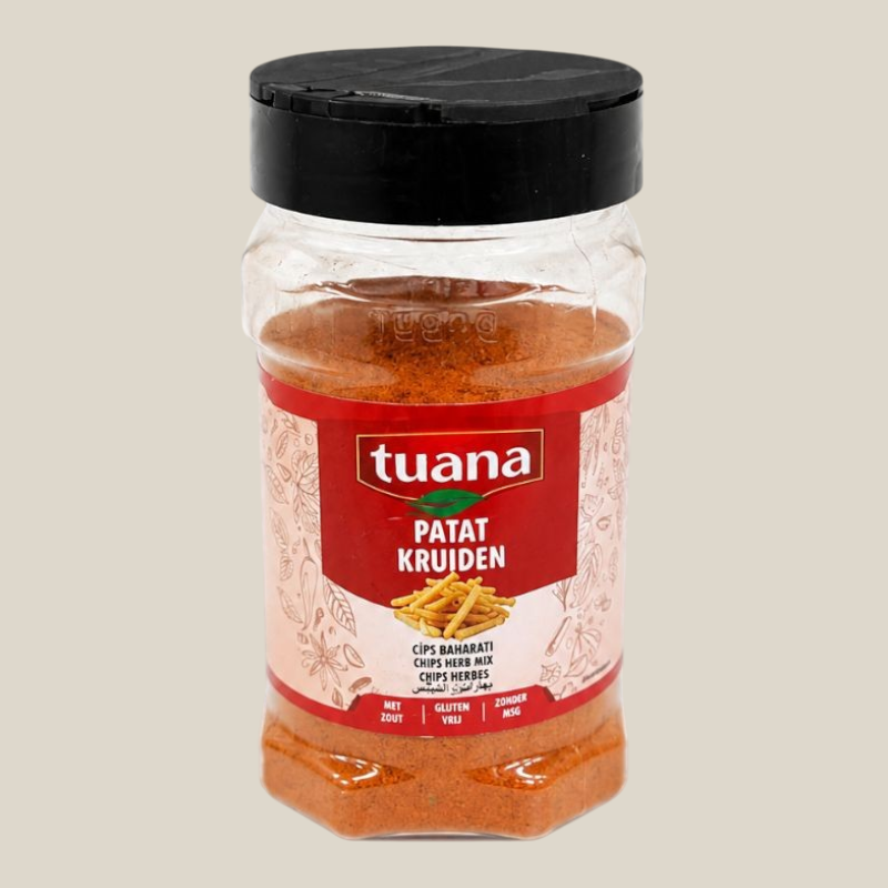 TuanaShop BV patatkruiden in een transparante strooibus van 140g met een rode verpakking en zwarte dop