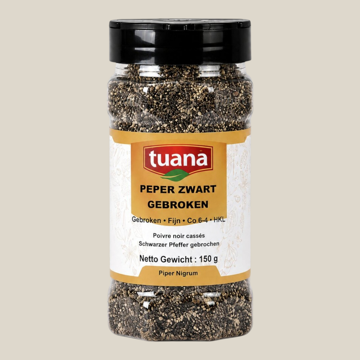 TuanaShop BV pot met fijn gebroken zwarte peperkorrels voor een krachtige en pittige smaak in gerechten