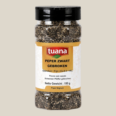 TuanaShop BV pot met fijn gebroken zwarte peperkorrels voor een krachtige en pittige smaak in gerechten