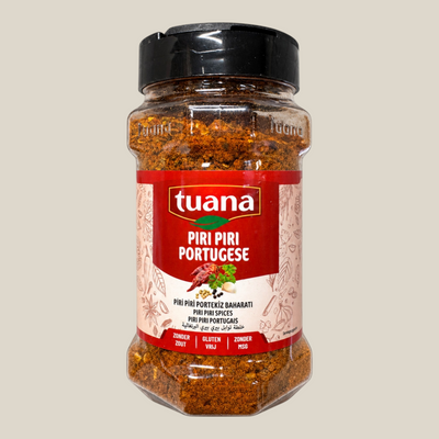 TuanaShop BV Piri Piri Portugese kruidenmix in een doorzichtige kruidenpot met zwarte dop