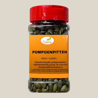 TuanaShop BV pot met gepelde groene pompoenpitten met een oranje etiket en een rode schroefdop