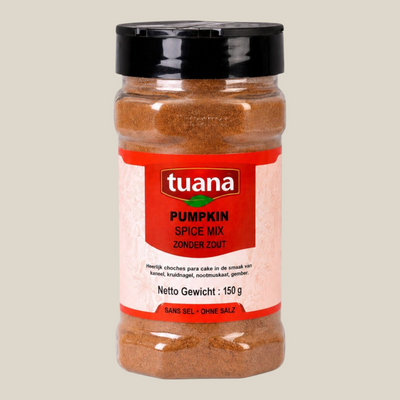 TuanaShop BV Pumpkin Spice kruidenmix in een transparante pot van 150 gram met zwarte dop