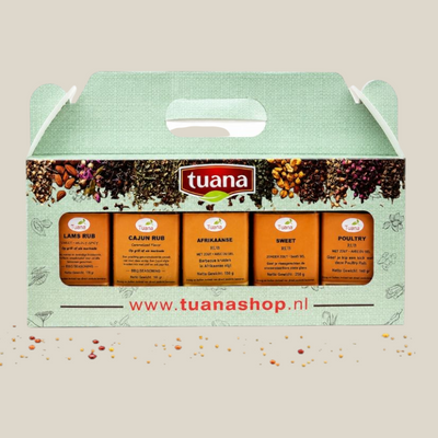 TuanaShop BV BBQ kruidenpakket met vijf verschillende kruidenmixen in een handige draagdoos voor vlees en gevogelte.