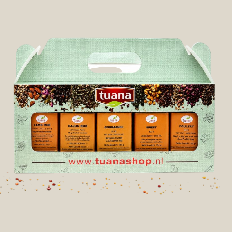 TuanaShop BV BBQ kruidenpakket met vijf verschillende kruidenmixen in een handige draagdoos voor vlees en gevogelte.
