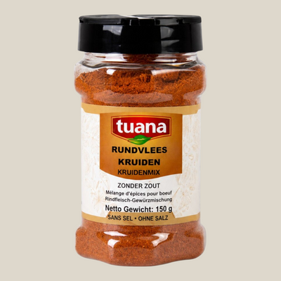 TuanaShop BV Rundvlees Kruiden zoutvrije kruidenmix in een transparante strooibus met zwart deksel