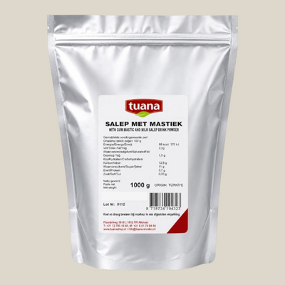 TuanaShop BV Salep Met Mastik poeder in een zilverkleurige stazak van 1000 gram voor traditionele warme melkdrank