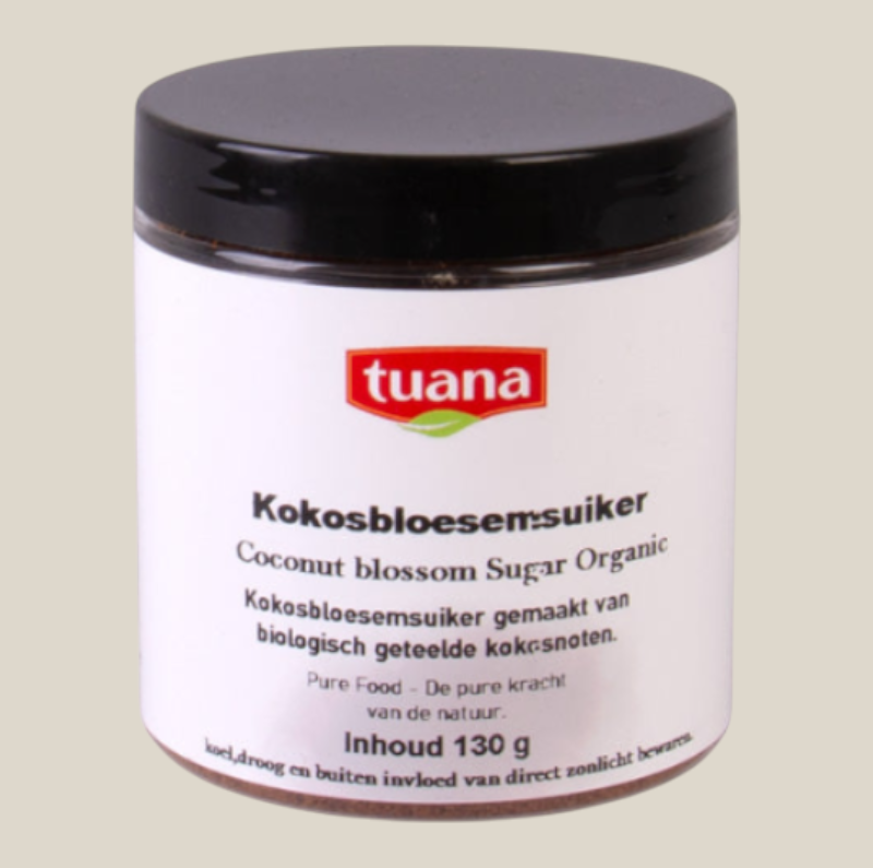 Pot met biologische kokosbloesemsuiker van TuanaShop BV met een karamelachtige smaak voor bakken en desserts.