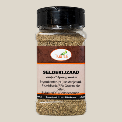 TuanaShop BV potje met gedroogd selderijzaad voor een krachtige kruidige smaak in soepen en stoofschotels