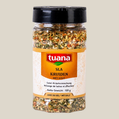 TuanaShop BV Sla Kruiden mix in een doorzichtige pot met zwarte dop, ideaal voor verse salades en dressings.