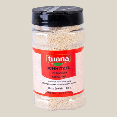 TuanaShop BV Schnitzel Paneermix in een doorzichtige strooibus van 180g voor een krokante goudbruine korst.