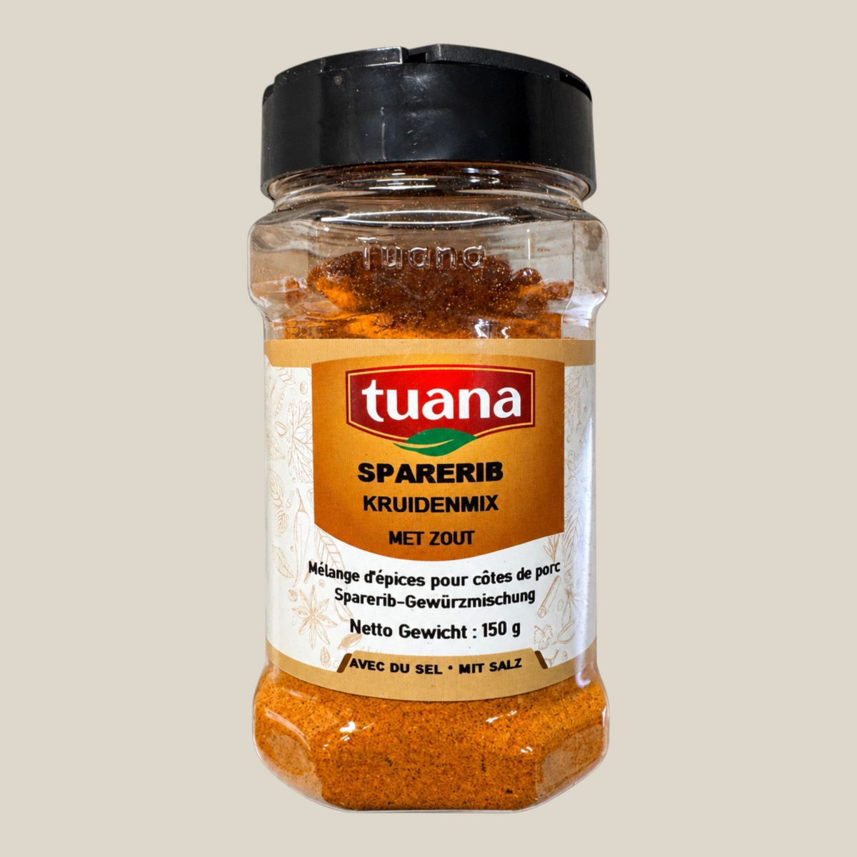 TuanaShop BV pot met 150g sparerib kruidenmix, een hartige specerijenmelange voor barbecue en gegrild vlees.