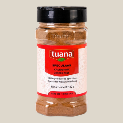 TuanaShop BV speculaaskruiden in een doorzichtige pot met zwarte dop, ideaal voor gebak en koekjes.