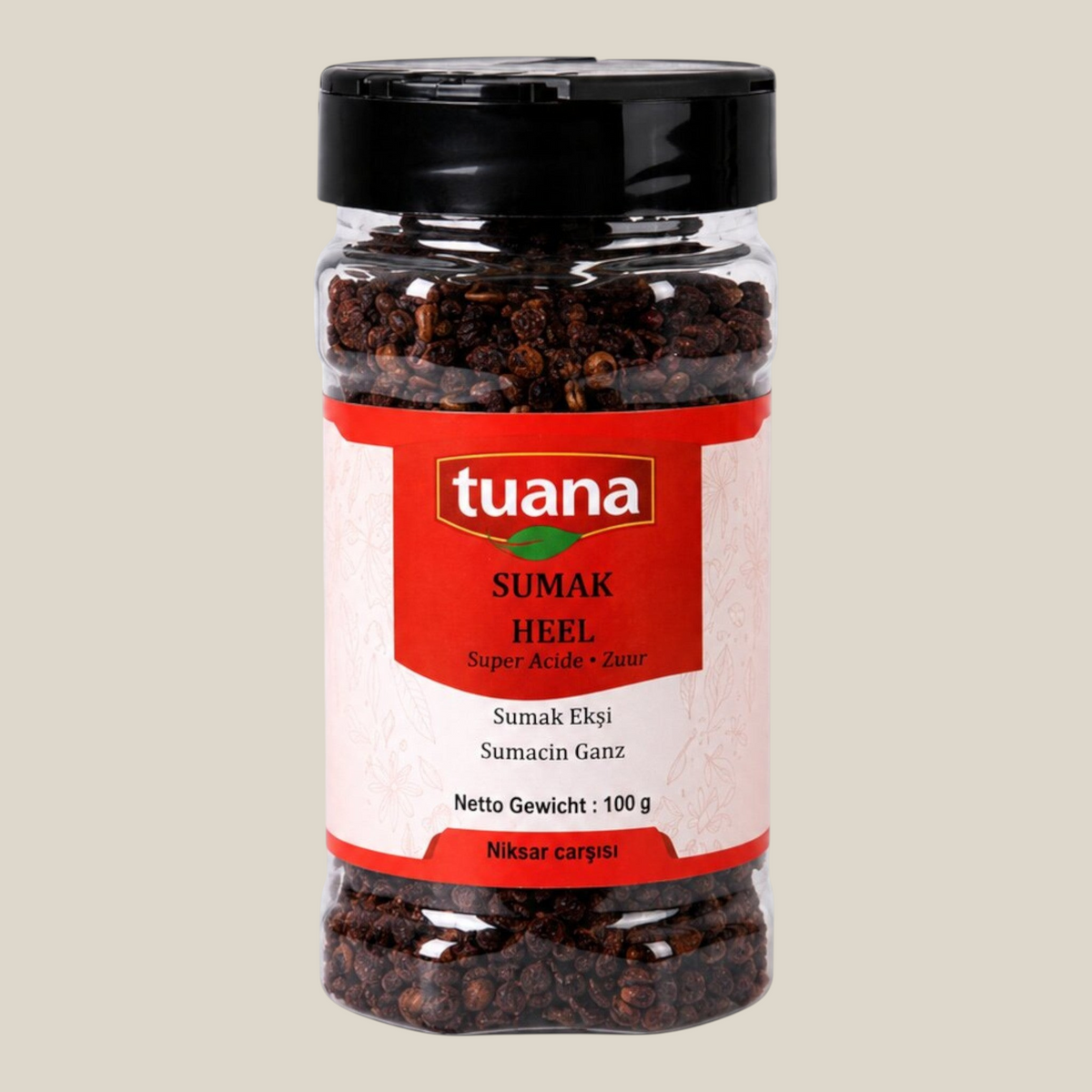 TuanaShop BV pot met hele sumak bessen, een aromatische en lichtzure specerij voor salades en warme gerechten.
