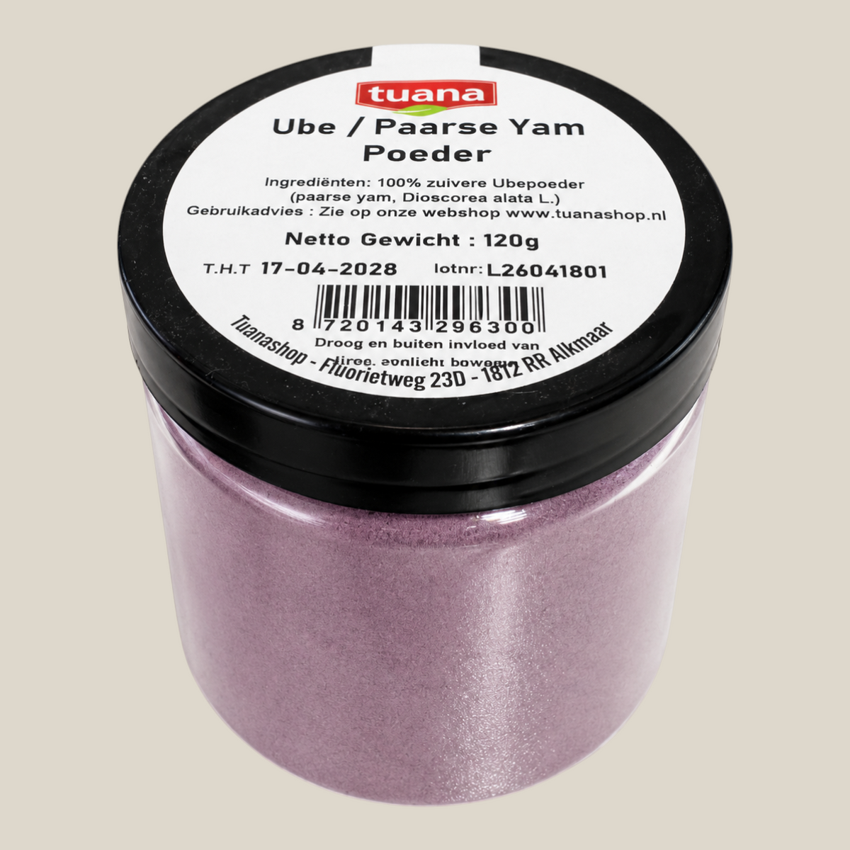TuanaShop BV ubepoeder gemaakt van paarse yam in een doorzichtige pot met zwart deksel en productinformatie