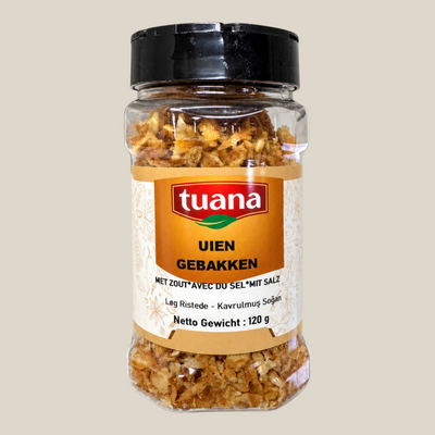 TuanaShop BV pot met krokante gebakken uien, ideaal als hartige topping voor soepen, salades en warme gerechten.