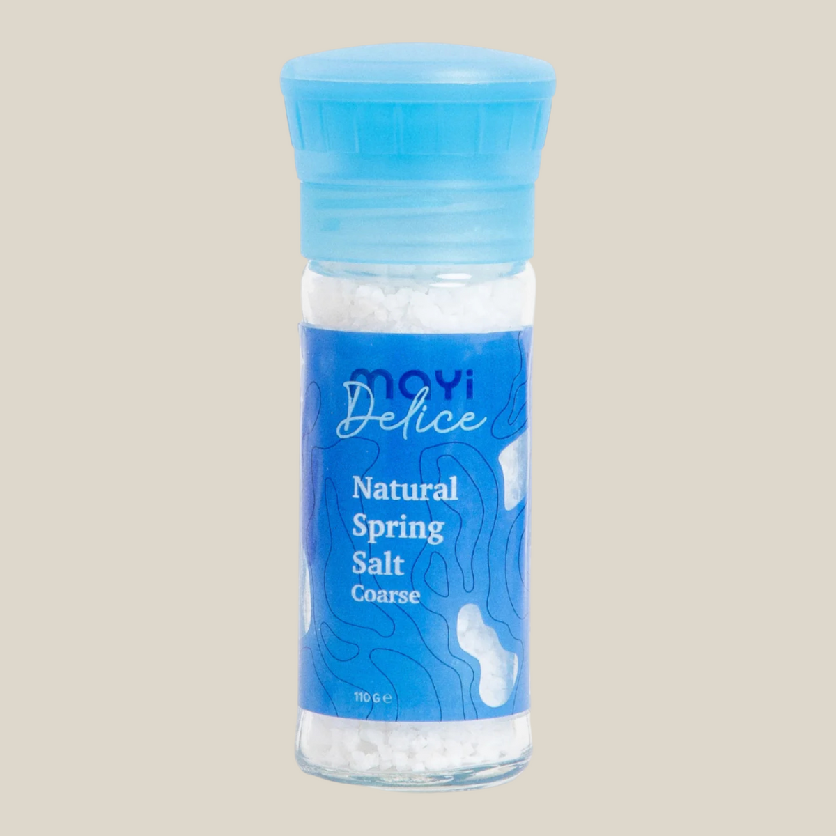 TuanaShop BV Mayi grof bronzout in een glazen molen met blauwe dop, 100% natuurlijk en ongeraffineerd zout.