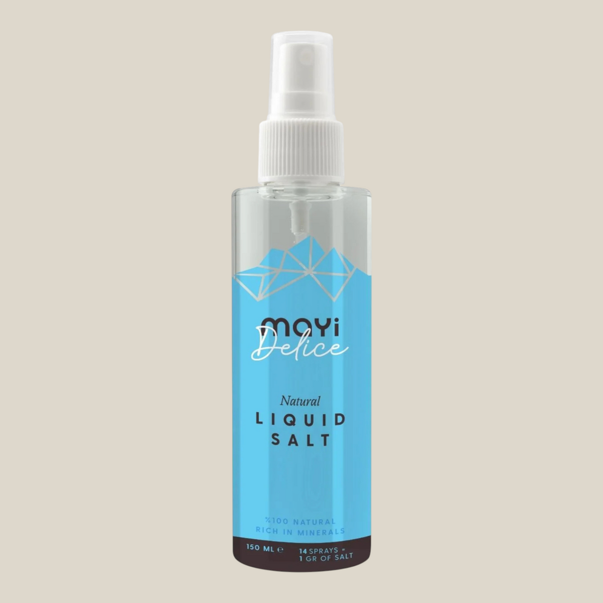 TuanaShop BV Mayi vloeibare zoutspray in een transparante 150ml fles met blauw etiket en natuurlijke mineralen