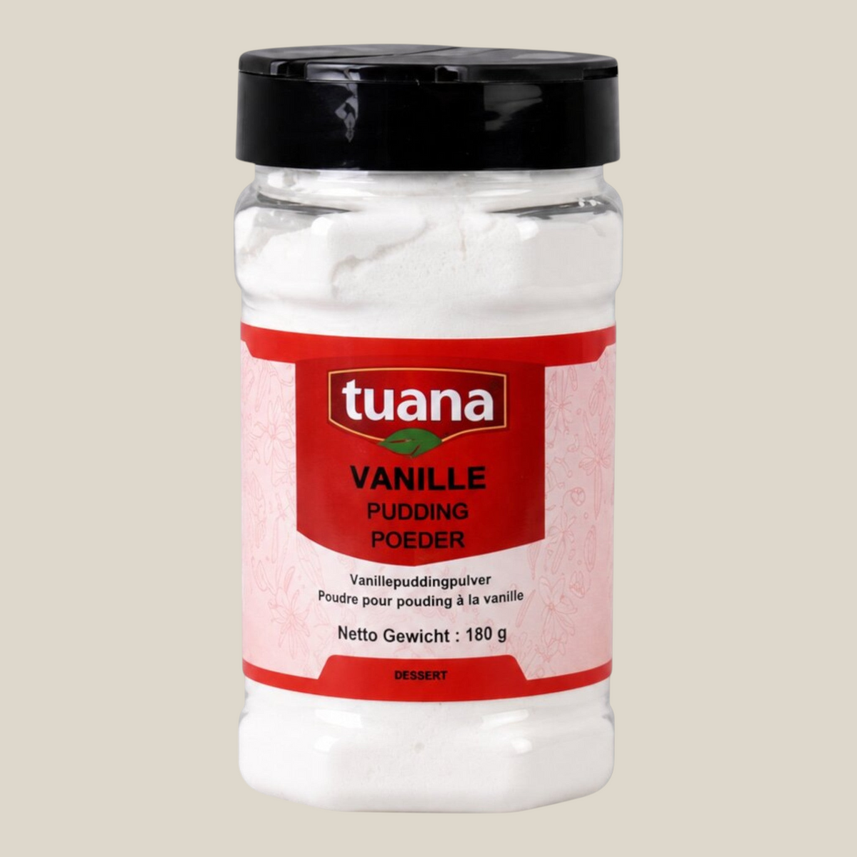 TuanaShop BV Tuana vanille puddingpoeder in een handige hersluitbare pot van 180 gram voor romige desserts.