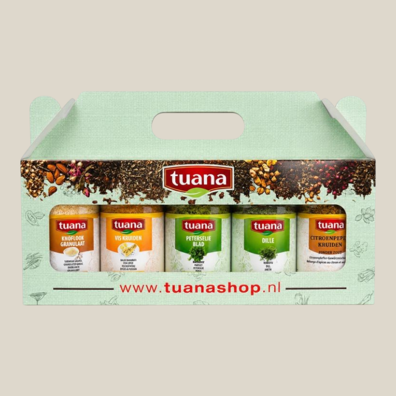 TuanaShop BV vis kruidenpakket met 5 potten kruiden en specerijen in een groene cadeauverpakking voor visgerechten.