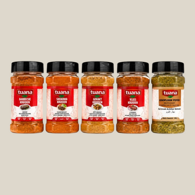 TuanaShop BV kruidenpakket met 5 zoutloze kruidenmixen in glazen potten voor vlees, BBQ en shoarma.